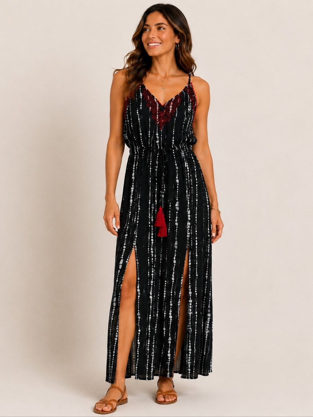 Knox Rose Maxi Dress Black White Tie Dye Red Embroidery Sleeveless Tassel Tie L